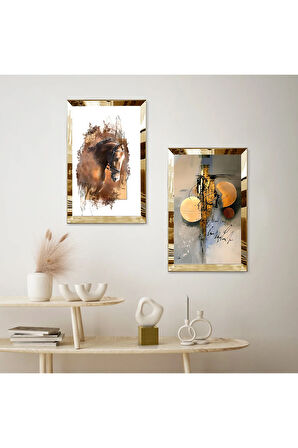 GOLD AYNALI PLEKSİ ÇERÇEVELİ BEYAZ ARKA PLANLI MODERN SOYUT ÇİZİM TABLO İKİLİ MDF TABLO SETİ