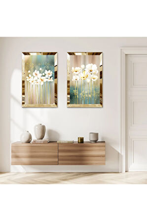 GOLD AYNALI PLEKSİ ÇERÇEVELİ RENKLİ ARKA PLANLI SOYUT BİTKİLER DEKORATİF İKİLİ MDF TABLO SETİ