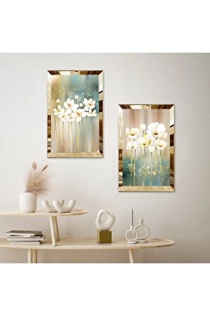 GOLD AYNALI PLEKSİ ÇERÇEVELİ RENKLİ ARKA PLANLI SOYUT BİTKİLER DEKORATİF İKİLİ MDF TABLO SETİ
