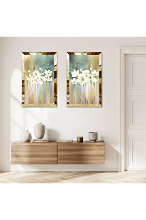 GOLD AYNALI PLEKSİ ÇERÇEVELİ RENKLİ ARKA PLANLI SOYUT BİTKİLER MODERN İKİLİ MDF TABLO SETİ