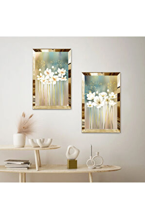 GOLD AYNALI PLEKSİ ÇERÇEVELİ RENKLİ ARKA PLANLI SOYUT BİTKİLER MODERN İKİLİ MDF TABLO SETİ