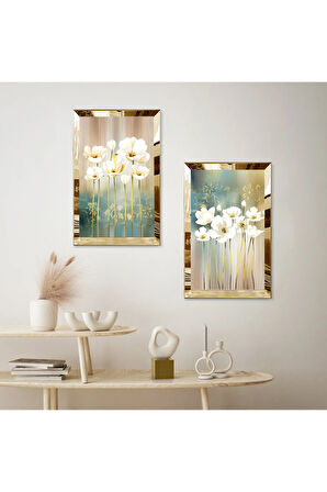 GOLD AYNALI PLEKSİ ÇERÇEVELİ RENKLİ ARKA PLANLI BİTKİLER İKİLİ MDF TABLO SETİ