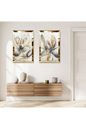 GOLD AYNALI PLEKSİ ÇERÇEVELİ BEYAZ SOYUT ÇİÇEKLER DEKORATİF İKİLİ MDF TABLO SETİ