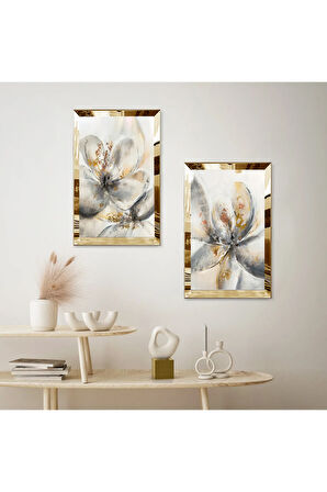 GOLD AYNALI PLEKSİ ÇERÇEVELİ BEYAZ SOYUT ÇİÇEKLER DEKORATİF İKİLİ MDF TABLO SETİ