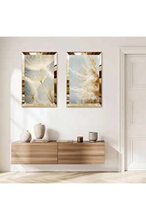 GOLD AYNALI PLEKSİ ÇERÇEVELİ GRİ ARKA PLANLI KURUTULMUŞ ÇİÇEK MODERN İKİLİ MDF TABLO SETİ