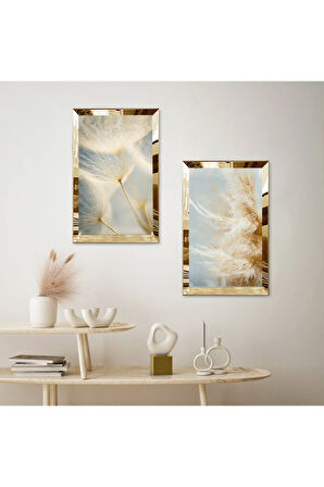 GOLD AYNALI PLEKSİ ÇERÇEVELİ GRİ ARKA PLANLI KURUTULMUŞ ÇİÇEK MODERN İKİLİ MDF TABLO SETİ