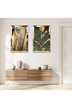 GOLD AYNALI PLEKSİ ÇERÇEVELİ SOYUT GOLD DESENLİ MODERN İKİLİ MDF TABLO SETİ
