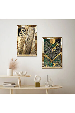 GOLD AYNALI PLEKSİ ÇERÇEVELİ SOYUT GOLD DESENLİ MODERN İKİLİ MDF TABLO SETİ