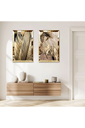 GOLD AYNALI PLEKSİ ÇERÇEVELİ SOYUT GOLD DESENLİ DEKORATİF İKİLİ MDF TABLO SETİ