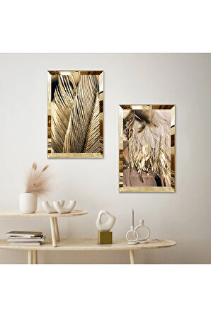 GOLD AYNALI PLEKSİ ÇERÇEVELİ SOYUT GOLD DESENLİ DEKORATİF İKİLİ MDF TABLO SETİ