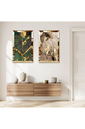 GOLD AYNALI PLEKSİ ÇERÇEVELİ SOYUT GOLD DESENLİ İKİLİ MDF TABLO SETİ