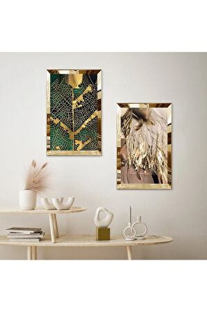 GOLD AYNALI PLEKSİ ÇERÇEVELİ SOYUT GOLD DESENLİ İKİLİ MDF TABLO SETİ