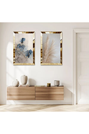 GOLD AYNALI PLEKSİ ÇERÇEVELİ ÇİÇEK DESENLİ İKİLİ MDF TABLO SETİ