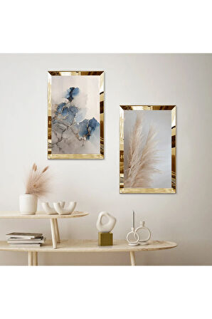 GOLD AYNALI PLEKSİ ÇERÇEVELİ ÇİÇEK DESENLİ İKİLİ MDF TABLO SETİ