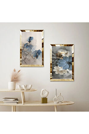 GOLD AYNALI PLEKSİ ÇERÇEVELİ ÇİÇEK DESENLİ DEKORATİF İKİLİ MDF TABLO SETİ