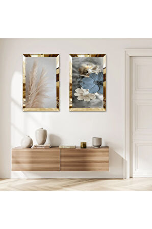 GOLD AYNALI PLEKSİ ÇERÇEVELİ ÇİÇEK DESENLİ MODERN İKİLİ MDF TABLO SETİ