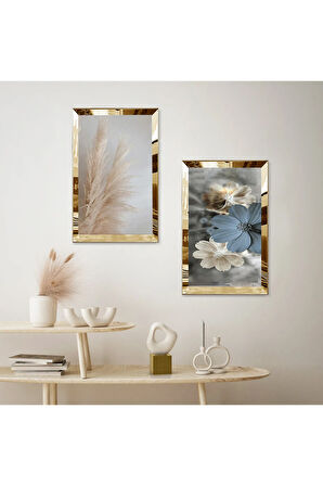 GOLD AYNALI PLEKSİ ÇERÇEVELİ ÇİÇEK DESENLİ MODERN İKİLİ MDF TABLO SETİ