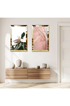 GOLD AYNALI PLEKSİ ÇERÇEVELİ MODERN SOYUT DESENLİ İKİLİ MDF TABLO SETİ