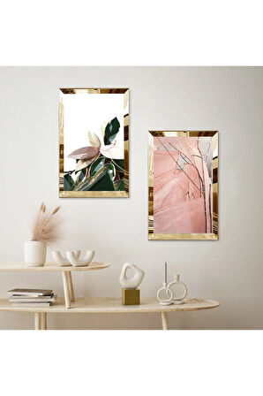 GOLD AYNALI PLEKSİ ÇERÇEVELİ MODERN SOYUT DESENLİ İKİLİ MDF TABLO SETİ