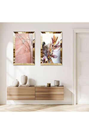 GOLD AYNALI PLEKSİ ÇERÇEVELİ SOYUT DESENLİ MODERN İKİLİ MDF TABLO SETİ