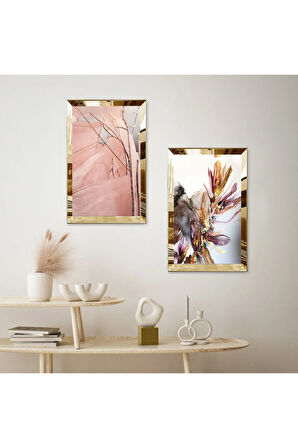GOLD AYNALI PLEKSİ ÇERÇEVELİ SOYUT DESENLİ MODERN İKİLİ MDF TABLO SETİ