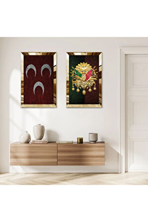 GOLD AYNALI PLEKSİ ÇERÇEVELİ KIRMIZI 3 HİLAL VE OSMANLI TUĞRASI İKİLİ MDF TABLO SETİ
