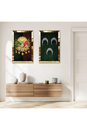 GOLD AYNALI PLEKSİ ÇERÇEVELİ YEŞİL 3 HİLAL VE OSMANLI TUĞRASI İKİLİ MDF TABLO SETİ