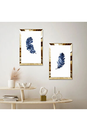 GOLD AYNALI PLEKSİ ÇERÇEVELİ BEYAZ ARKA PLANLI MAVİ YAPRAK MODERN İKİLİ MDF TABLO SETİ