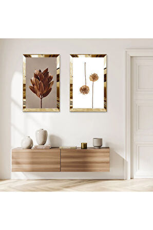 GOLD AYNALI PLEKSİ ÇERÇEVELİ KAHVERENGİ VE BEYAZ ARKA PLANLI SOYUT ŞEKİLLER İKİLİ MDF TABLO SETİ