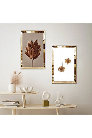 GOLD AYNALI PLEKSİ ÇERÇEVELİ KAHVERENGİ VE BEYAZ ARKA PLANLI SOYUT ŞEKİLLER İKİLİ MDF TABLO SETİ