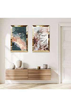GOLD AYNALI PLEKSİ ÇERÇEVELİ MODERN SOYUT ŞEKİLLER DEKORATİF İKİLİ MDF TABLO SETİ