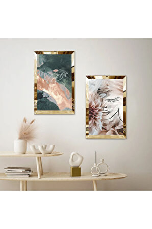 GOLD AYNALI PLEKSİ ÇERÇEVELİ MODERN SOYUT ŞEKİLLER DEKORATİF İKİLİ MDF TABLO SETİ