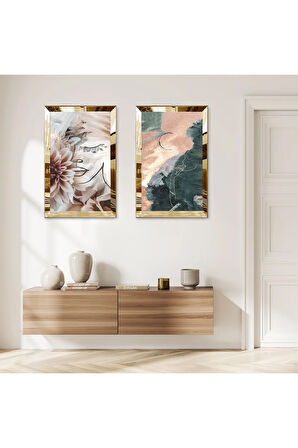 GOLD AYNALI PLEKSİ ÇERÇEVELİ MODERN DEKORATİF ŞEKİLLER İKİLİ MDF TABLO SETİ