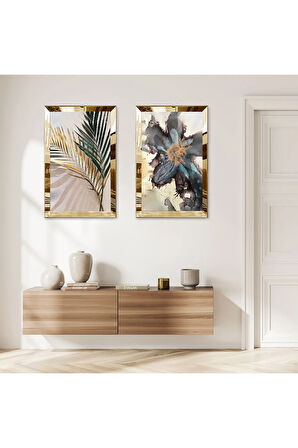 GOLD AYNALI PLEKSİ ÇERÇEVELİ MODERN SOYUT BTİKİLER DEKORATİF İKİLİ MDF TABLO SETİ