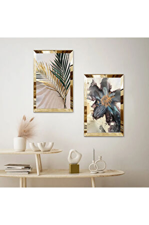 GOLD AYNALI PLEKSİ ÇERÇEVELİ MODERN SOYUT BTİKİLER DEKORATİF İKİLİ MDF TABLO SETİ