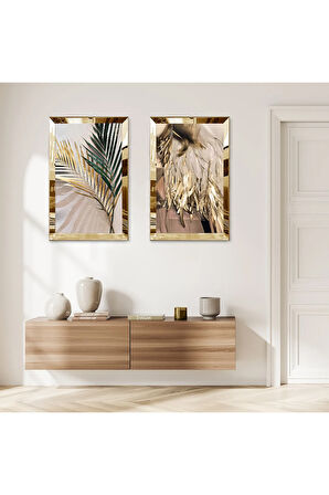 GOLD AYNALI PLEKSİ ÇERÇEVELİ MODERN BTİKİLER DEKORATİF İKİLİ MDF TABLO SETİ