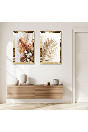 GOLD AYNALI PLEKSİ ÇERÇEVELİ MODERN TURUNCU ÇİÇEKLER DEKORATİF İKİLİ MDF TABLO SETİ