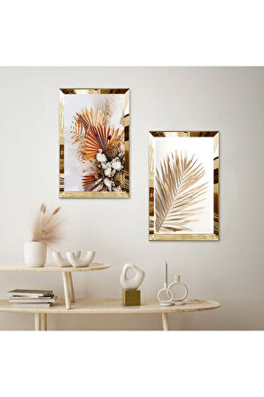 GOLD AYNALI PLEKSİ ÇERÇEVELİ MODERN TURUNCU ÇİÇEKLER DEKORATİF İKİLİ MDF TABLO SETİ