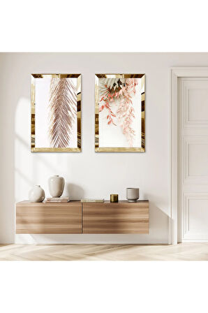 GOLD AYNALI PLEKSİ ÇERÇEVELİ BEYAZ ARKA PLANLI ÇİÇEK İKİLİ MDF TABLO SETİ