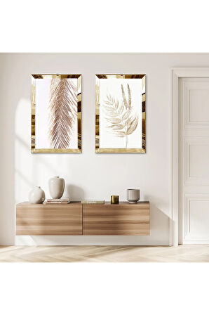 GOLD AYNALI PLEKSİ ÇERÇEVELİ BEYAZ ARKA PLANLI MODERN SOYUT ÇİÇEK İKİLİ MDF TABLO SETİ