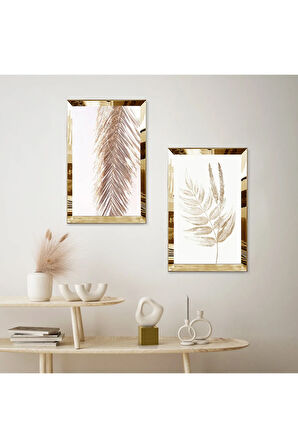 GOLD AYNALI PLEKSİ ÇERÇEVELİ BEYAZ ARKA PLANLI MODERN SOYUT ÇİÇEK İKİLİ MDF TABLO SETİ