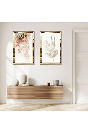 GOLD AYNALI PLEKSİ ÇERÇEVELİ BEYAZ ARKA PLANLI DEKORATİF ÇİÇEK İKİLİ MDF TABLO SETİ
