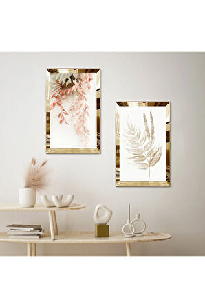 GOLD AYNALI PLEKSİ ÇERÇEVELİ BEYAZ ARKA PLANLI DEKORATİF ÇİÇEK İKİLİ MDF TABLO SETİ