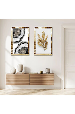 GOLD AYNALI PLEKSİ ÇERÇEVELİ BEYAZ ARKA PLANLI GOLD ÇİÇEK DESENLİ MODERN İKİLİ MDF TABLO SETİ