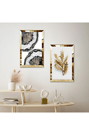 GOLD AYNALI PLEKSİ ÇERÇEVELİ BEYAZ ARKA PLANLI GOLD ÇİÇEK DESENLİ MODERN İKİLİ MDF TABLO SETİ