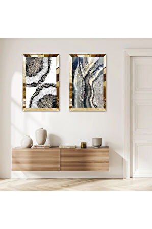 GOLD AYNALI PLEKSİ ÇERÇEVELİ BEYAZ ARKA PLANLI GRİ TONLARI DESENLİ DEKORATİF İKİLİ MDF TABLO SETİ