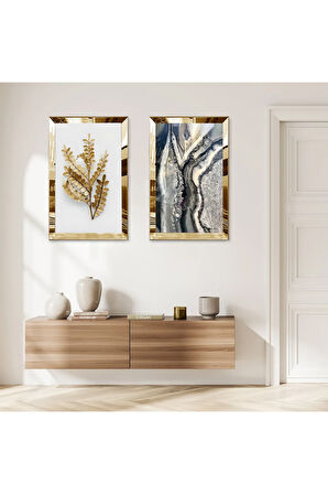 GOLD AYNALI PLEKSİ ÇERÇEVELİ BEYAZ ARKA PLANLI GOLD ÇİÇEK DESENLİ İKİLİ MDF TABLO SETİ