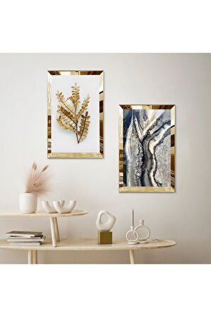 GOLD AYNALI PLEKSİ ÇERÇEVELİ BEYAZ ARKA PLANLI GOLD ÇİÇEK DESENLİ İKİLİ MDF TABLO SETİ