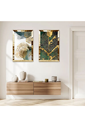 GOLD AYNALI PLEKSİ ÇERÇEVELİ BEYAZ ARKA PLANLI YEŞİL DESENLER DEKORATİF İKİLİ MDF TABLO SETİ