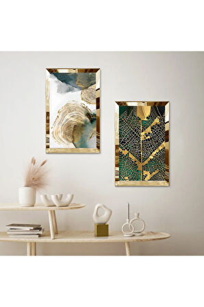 GOLD AYNALI PLEKSİ ÇERÇEVELİ BEYAZ ARKA PLANLI YEŞİL DESENLER DEKORATİF İKİLİ MDF TABLO SETİ